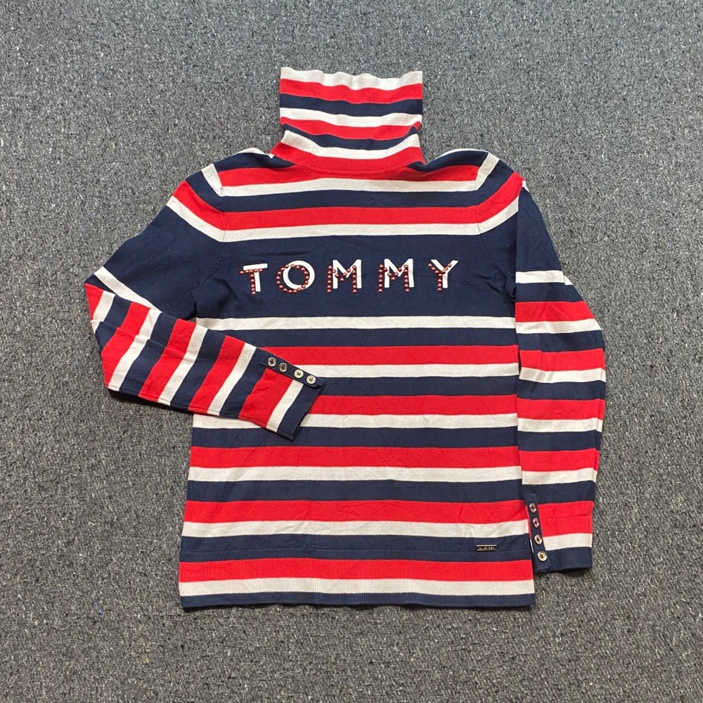 Tommy Hilfiger Turtleneck Sweater Sz S Womens Blue Red Stripe Beaded Logo Preppy